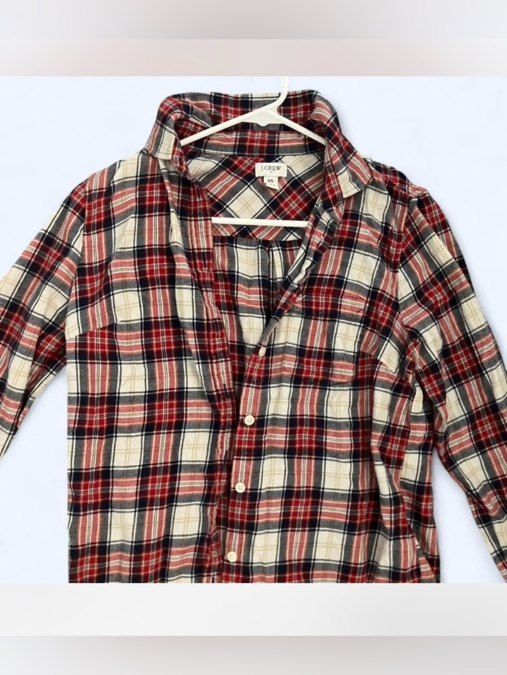 J.Crew red, navy, and white plaid button-up flannel in XS